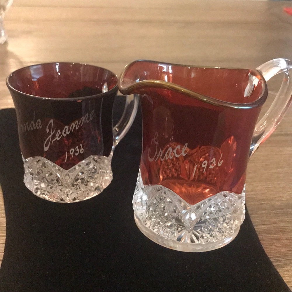 Vintage flash glass fair souvenir 1936 creamer and handled glass ruby red pair
